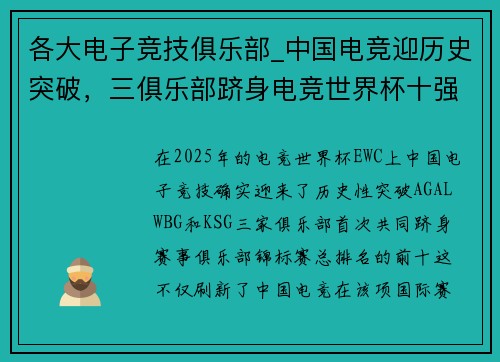 各大电子竞技俱乐部_中国电竞迎历史突破，三俱乐部跻身电竞世界杯十强